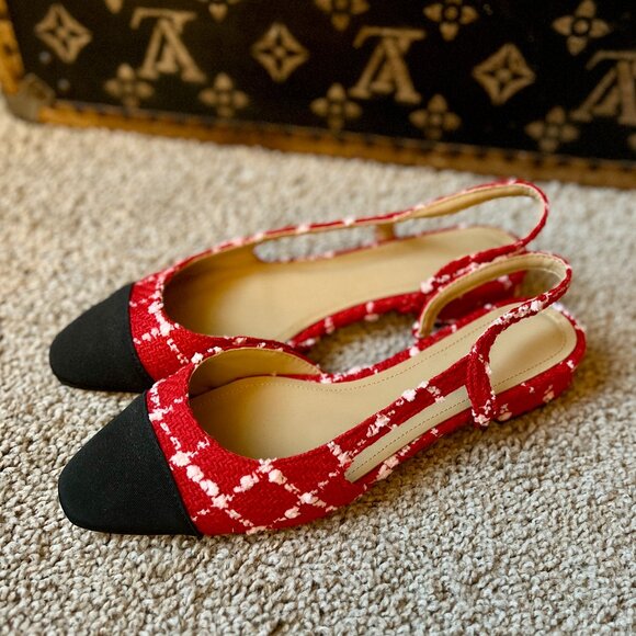Anthropologie Red Tweed Slingback Flats, Black Cap Toe - Chanel Style - Picture 2 of 5